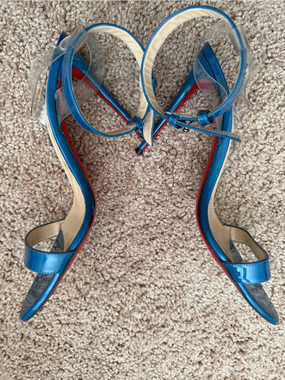 Christian Louboutin Blue Patent Ankle-Strap Heels with Clear Detail